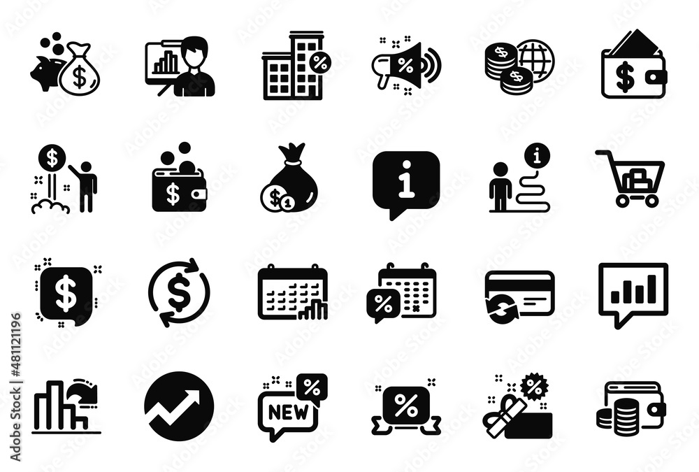 Vector Set of Finance icons related to Payment message, Loan house and Calendar graph icons. New, World money and Audit signs. Sale megaphone, Discounts ribbon and Change card. Sale, Cash. Vector Vector Set of Finance icons related to Payment message, Loan house and Calendar graph icons. New, World money and Audit signs. Sale megaphone, Discounts ribbon and Change card. Sale, Cash. Vector
