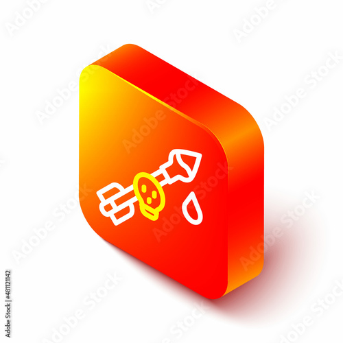 Isometric line Poison on the arrow icon isolated on white background. Poisoned arrow. Orange square button. Vector