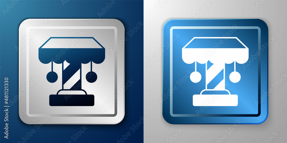 White Attraction carousel icon isolated on blue and grey background. Amusement park. Childrens entertainment playground, recreation park. Silver and blue square button. Vector White Attraction carousel icon isolated on blue and grey background. Amusement park. Childrens entertainment playground, recreation park. Silver and blue square button. Vector