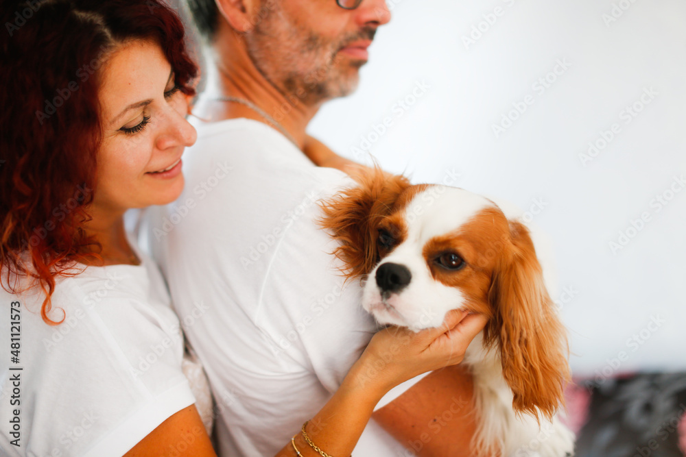 Cute european couple hugging and dog breed cavalier king charles spaniel at home, woman and man together, cozy time at home with pet. Tranquility and relaxation, Lifestyle in a real interior. Cute european couple hugging and dog breed cavalier king charles spaniel at home, woman and man together, cozy time at home with pet. Tranquility and relaxation, Lifestyle in a real interior.