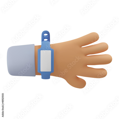 3d icon control bracelet on hand. Vector cartoon arm wearing hospital wrtistband gesture. Realistic illustration