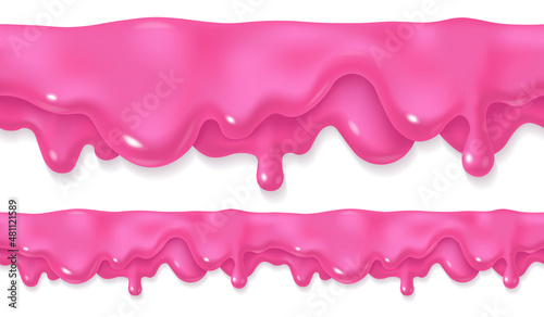 Pink icing or syrup drip. Sweet glaze drop design. Realistic 3d horizontal leaking saucedripping. Horizontal border element isolated on white background. Edge decoration