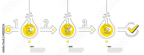 Lightbulb journey path infographics. Cleaning Infographic timeline with 3 steps. Workflow process diagram with Wipe cloth, Washing machine, Vacuum cleaner line icons. Vector