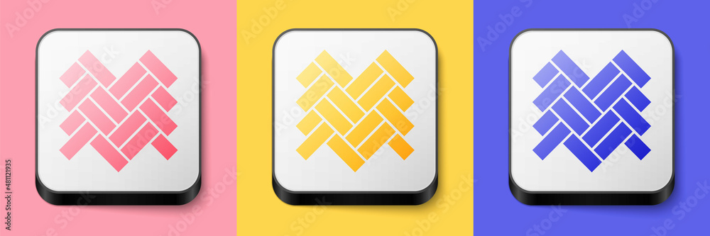 Isometric Parquet icon isolated on pink, yellow and blue background. Square button. Vector Isometric Parquet icon isolated on pink, yellow and blue background. Square button. Vector