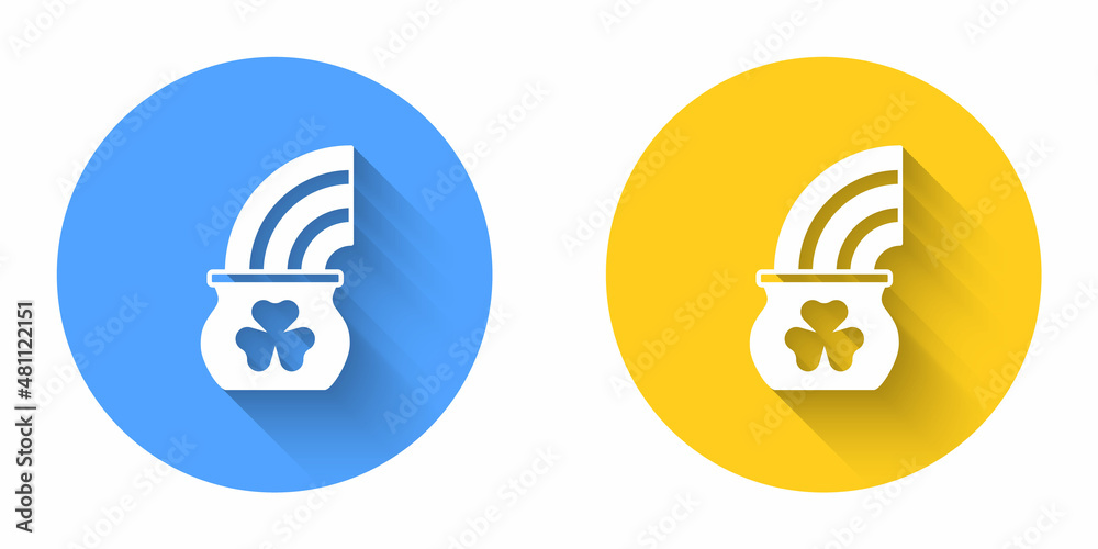 White Pot of gold with magic rainbow icon isolated with long shadow background. Happy Saint Patricks day. National Irish holiday. Circle button. Vector