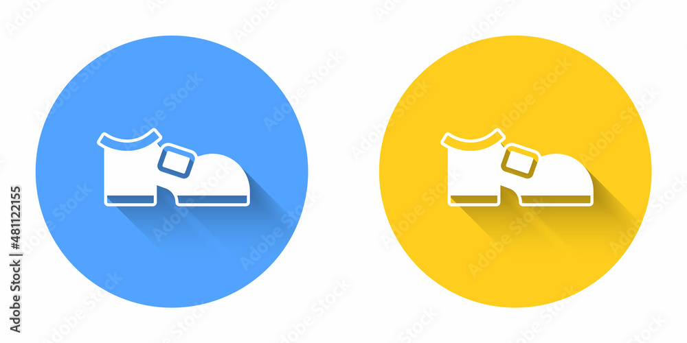 White Leprechaun boot icon isolated with long shadow background. Happy Saint Patricks day. National Irish holiday. Circle button. Vector White Leprechaun boot icon isolated with long shadow background. Happy Saint Patricks day. National Irish holiday. Circle button. Vector