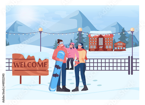 Family in front of skiing resort billboard. Winter vilage with a hotel