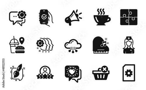 Vector set of Cloud computing  File management and Employees teamwork icons simple set. Delete purchase  Fast food and Human rating icons. Approved app  Piano and Coffee signs. Vector