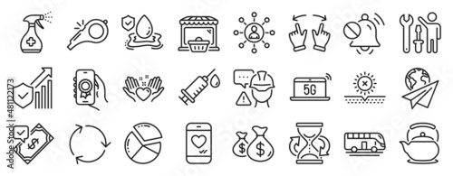 Set of Business icons  such as Teapot  Paper plane  Networking icons. Online market  Pie chart  Coins bags signs. Award app  Builder warning  Hold heart. Bus tour  Accepted payment  No sun. Vector