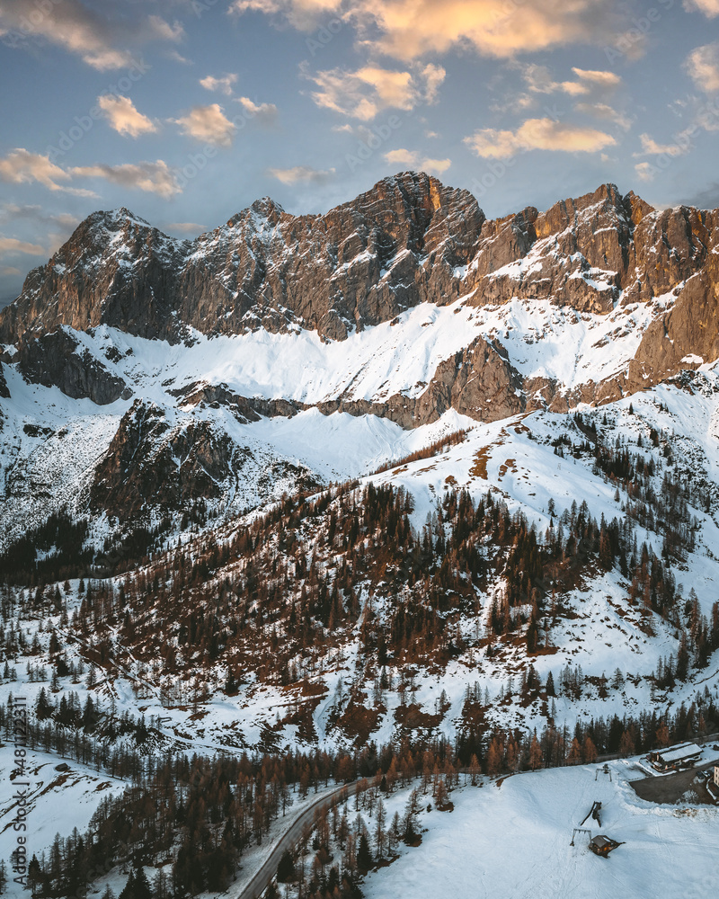snow covered mountains at dachstein during sunset