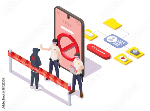 Mobile phone unauthorized access prevention, login password verification, data protection, vector isometric illustration photo