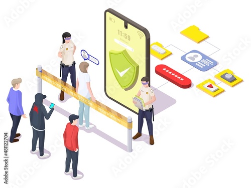 User identification. Mobile authentication, verification of user identity, vector isometric illustration.