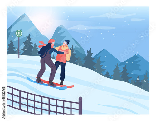 Ski resort instructor training people to ride a snowboard. Instructor giving