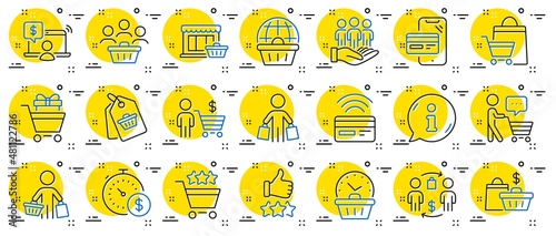 Buyer customer line icons. Contactless payment card, shopping cart and group of people. Store, buyer loyalty card, client ranking set icons. Shopping timer, phone payment, currency. Vector