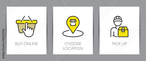 Buy online, choose location collection and pick up order. Shopping online concept. Web page template. Metaphors with icons.