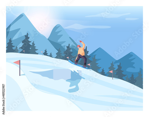 Male character on snowboard jumping on snowboarding trampoline.