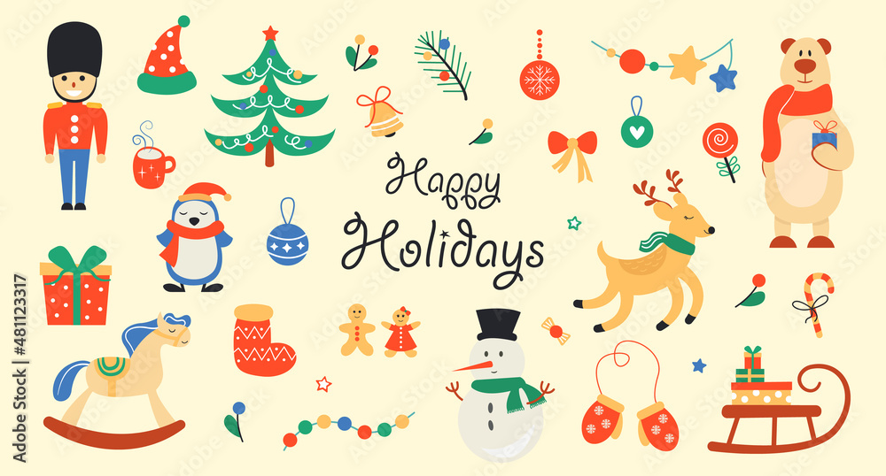Set of New Year and Christmas characters and elements. Ideal for designs and stickers. Vector illustration on a beige background. Set of New Year and Christmas characters and elements. Ideal for designs and stickers. Vector illustration on a beige background.
