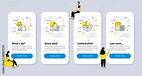 Vector Set of Industrial icons related to Return package, New house and Skyscraper buildings icons. UI phone app screens with people. Buildings line symbols. Vector