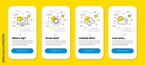 Vector set of Coronavirus, Cloud protection and Cloud storage line icons set. UI phone app screens with line icons. Cloudy weather icon. Infection, Storage security, Computer. Sky climate. Vector