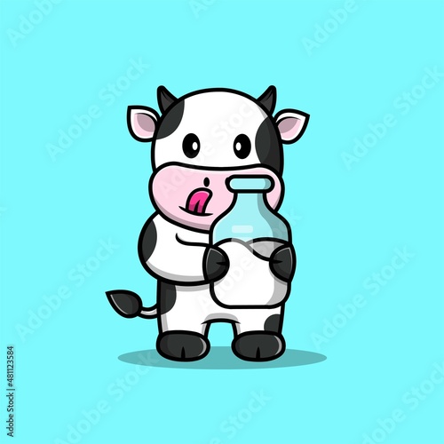 Cute Cow Holding Milk Bottle Cartoon Vector Icon Illustration. Animal Drink Icon Concept Isolated Premium Vector. Flat Cartoon Style