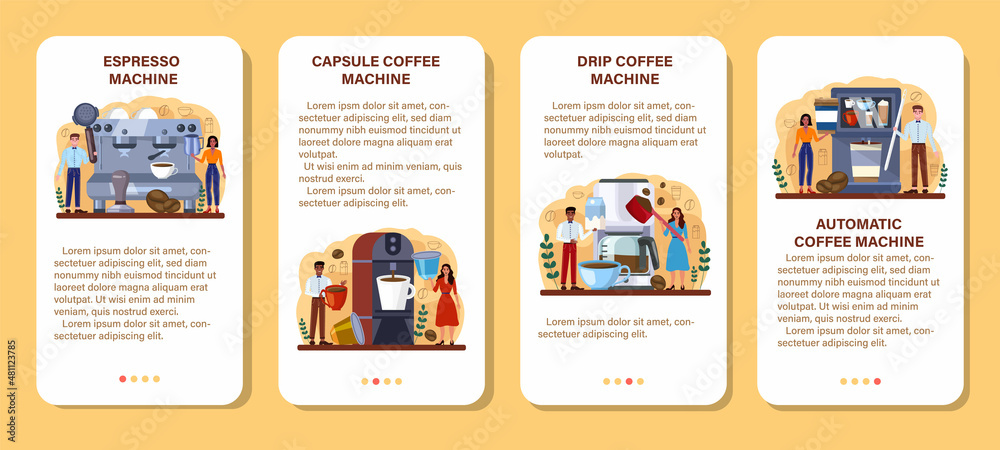 Coffee machine mobile application banner set. Barista making a cup