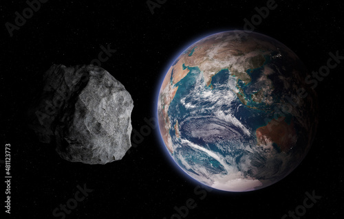 Earth and asteroid. Elements of this image are furnished by NASA.