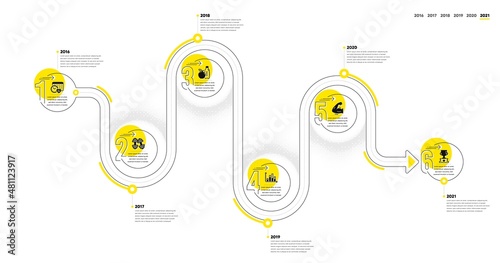 Gym Infographic timeline with 6 steps. Sport process diagram with Exercise schedule, Exercise analysis, Strong muscle arm and Goal target icons. Timeline infograph diagram. Vector