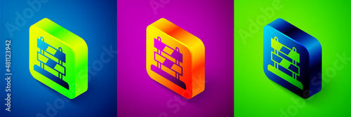 Isometric End of railway tracks icon isolated on blue, purple and green background. Stop sign. Railroad buffer end to destination. Square button. Vector