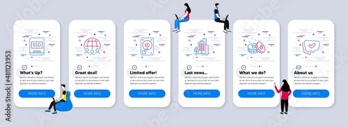 Business icons set. UI phone app screens with teamwork. Included icon as Global business, Buildings, Hdd signs. Ssd, Bitcoin, Approved line icons. Outsourcing, City architecture, Hard disk. Vector