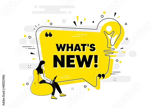 Whats new text. Idea chat bubble banner with person. Special offer sign. New arrivals symbol. Whats new chat message lightbulb. Idea light bulb people background. Vector