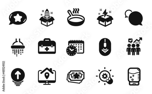Vector set of Work home, Innovation and Calendar time icons simple set. Startup, Shower and Favorite chat icons. Swipe up, Loyalty points and Water cooler signs. Work home simple web symbol. Vector