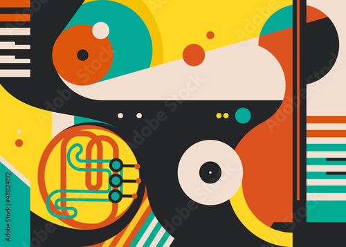 Banner with abstract music instruments. Creative placard design in flat style.