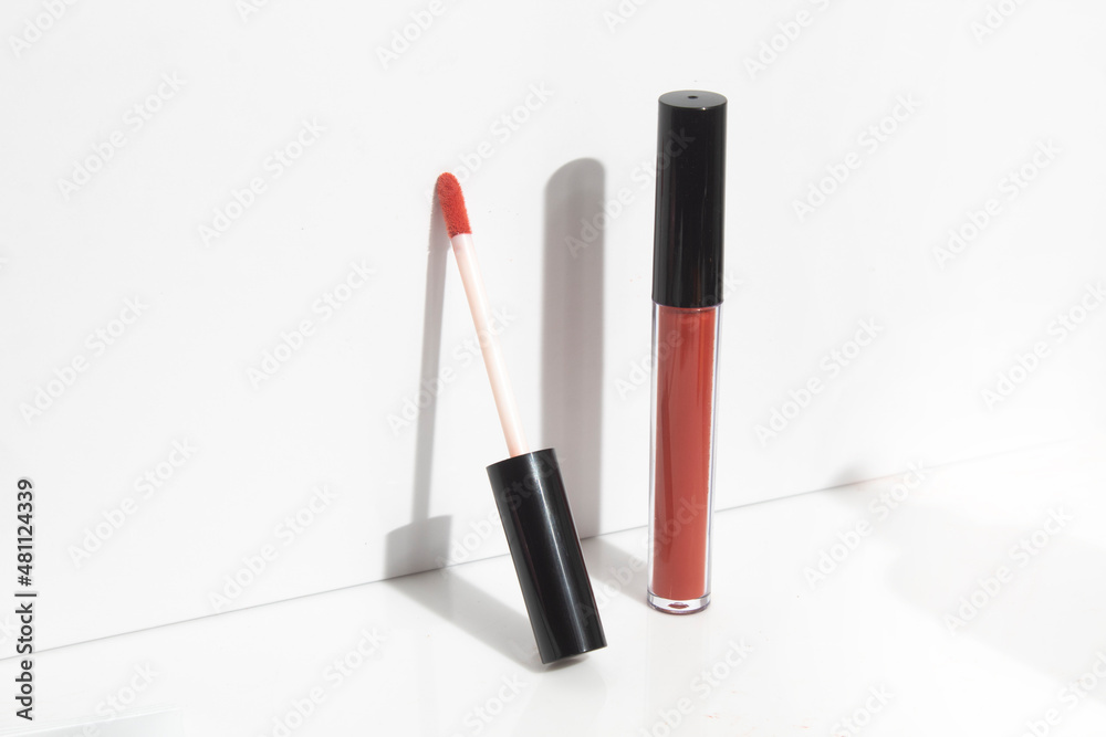 product template mockup, lipstick lip gloss with bottle container packaging, on white display background, - obrazy, fototapety, plakaty 