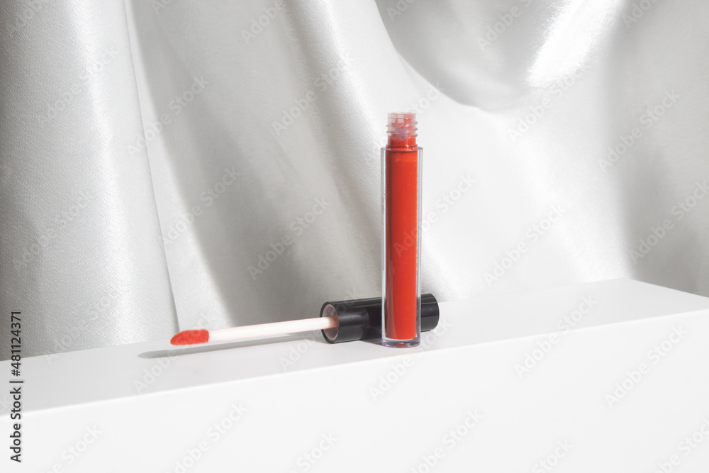 product template mockup, lipstick lip gloss with bottle container packaging, on white display background, - obrazy, fototapety, plakaty 