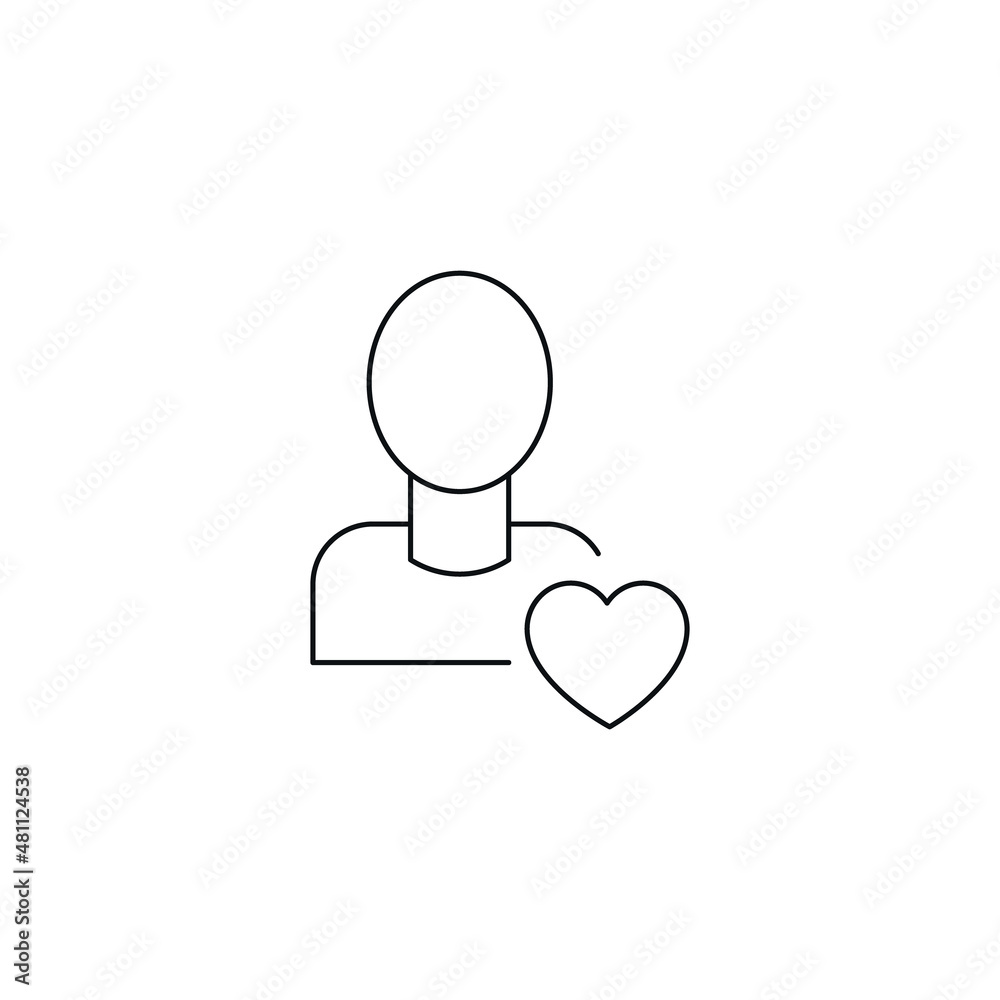 Romance and love concept. Outline sign drawn in flat style. Line icon of heart next to faceless person Romance and love concept. Outline sign drawn in flat style. Line icon of heart next to faceless person