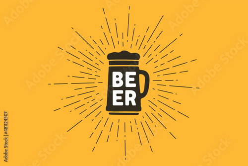 Black and white vintage drawing for beer bar, pub and trendy beer themes. Hand drawn lettering Beer on yellow background. Print Beer for poster, menu, sticker, t-shirt. Vector Illustration