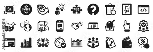 Set of Business icons, such as 24 hours, Web lectures, World communication icons. Seo message, Discount button, Recovery trash signs. Certificate, Quick tips, Chemistry lab. Graph chart. Vector