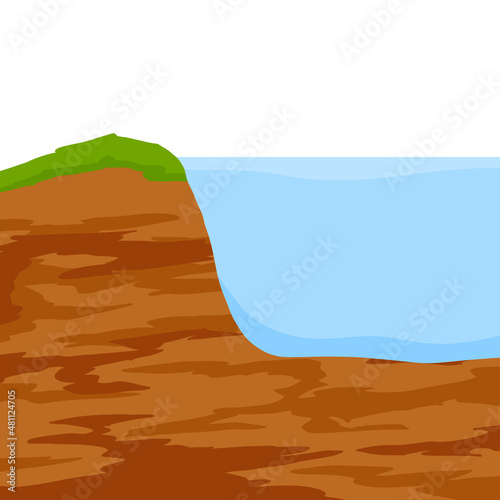 Water shore. Land in cross section. Coast of pond and bottom of lake. Ecology and geology. Flat cartoon illustration