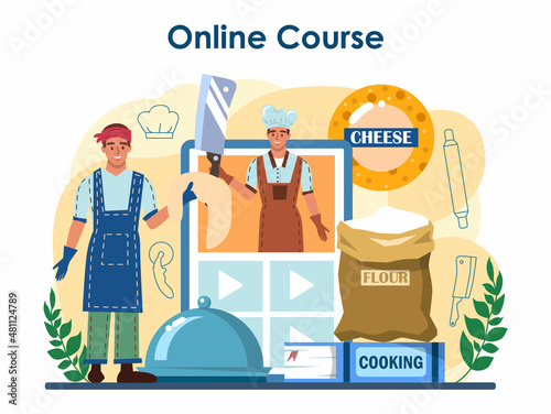 Pizzeria online service or platform. Chef cooking tasty delicious pizza
