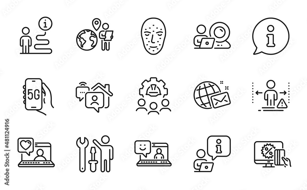 People icons set. Included icon as Engineering team, Outsource work, Repairman signs. Social distance, Video conference, 5g internet symbols. Smile, World mail, Work home. Face biometrics. Vector