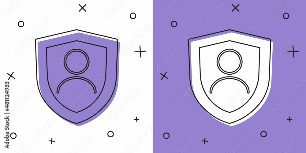 Set Life insurance with shield icon isolated on white and purple background. Security, safety, protection, protect concept. Vector Set Life insurance with shield icon isolated on white and purple background. Security, safety, protection, protect concept. Vector