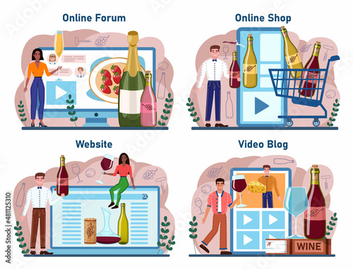 Wine online service or platform set. Grape wine in a bottle and glass