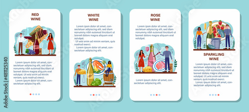 Wine mobile application banner set. Grape wine in a bottle and glass