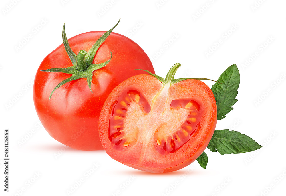 Fresh red tomato one cut in half with green leaves Fresh red tomato one cut in half with green leaves