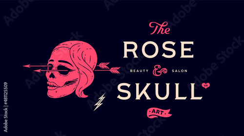 Skull girl. Poster of vintage skull woman, hipster label, portrait girl. Retro old school illustration with text Rose and Skull, beauty salon for print, tattoo, fashion theme. Vector Illustration