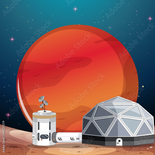 Landscape of space settlement with Mars planet