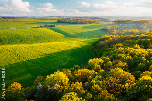 Fototapeta Naklejka Na Ścianę i Meble -  Bird's eye view of abstraction agricultural area and green wavy fields in sunny day.