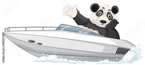 Panda on a speed boat in cartoon style