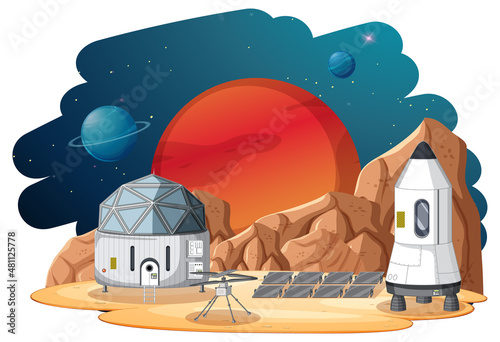 Isolated landscape of planet surface with colony buildings
