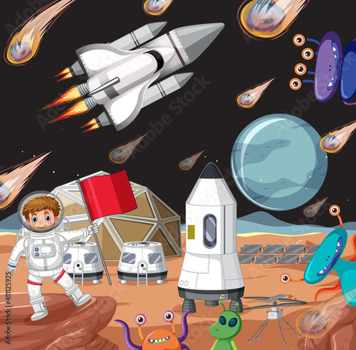 Outer space scene with astonaut and alien in cartoon style